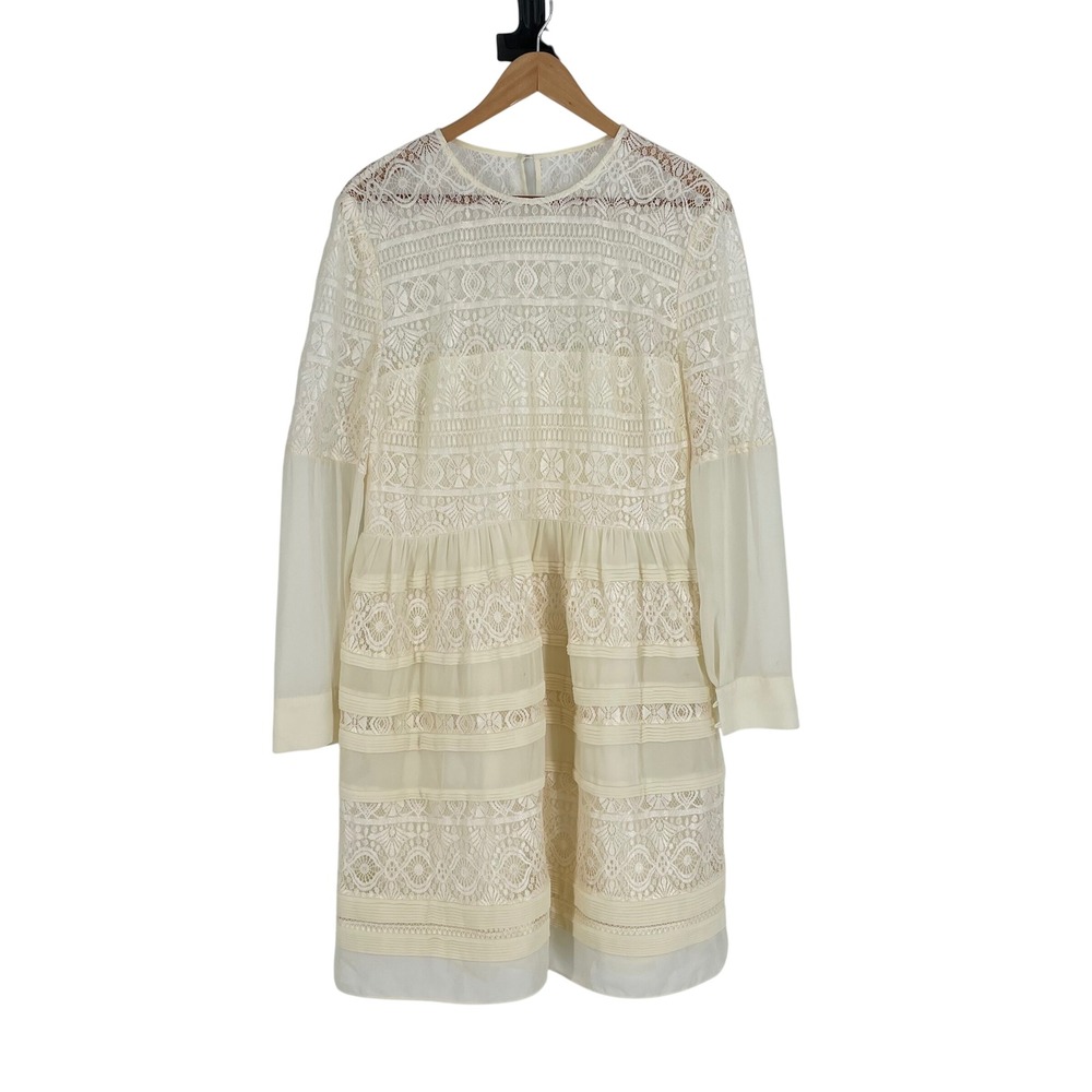 Ivory Lace Boho Prairie Dress Long Sleeve‎ Tiered Sheer Cottagecore Bridal M
